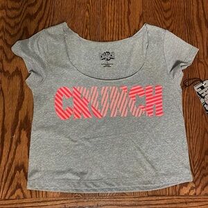 NWT CRUNCH women’s CROPPED short sleeve T shirt scoop curl neck gray size Small